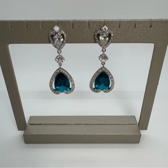 Clear And Teal Blue Cubic Zirconia Heart Dangle Silver Tone Earrings - Picture 3 of 5